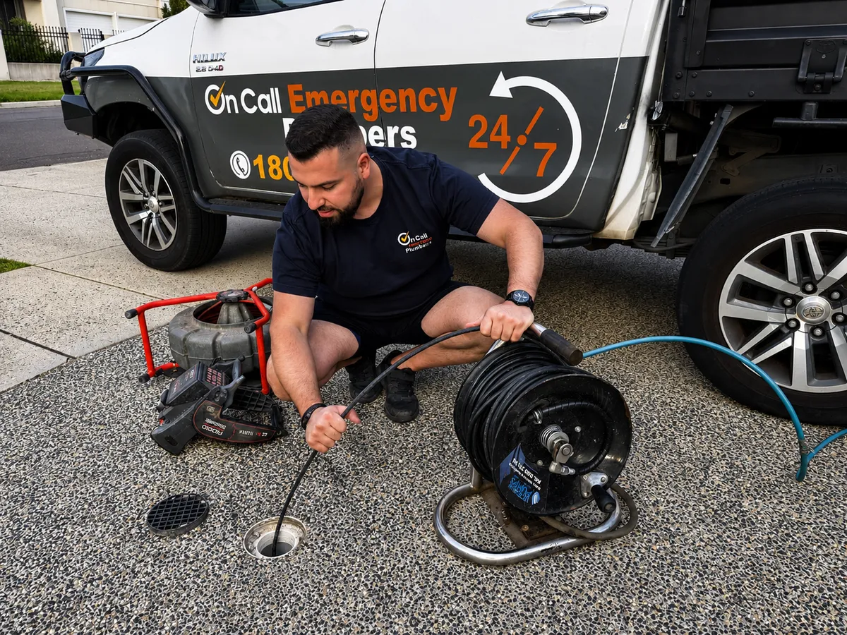 Plumber using drain jetting equipment