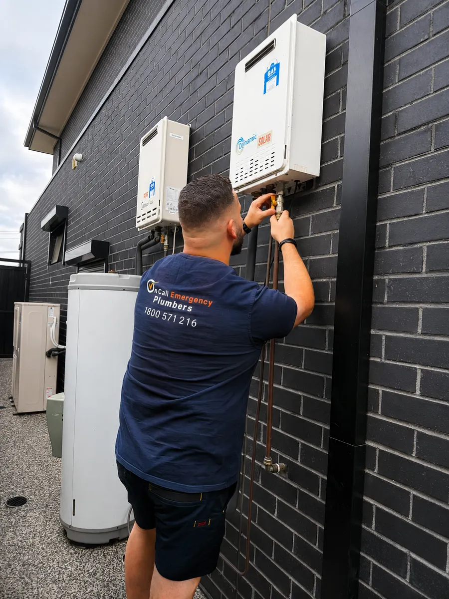 Plumber working on an outdoor hot water system
