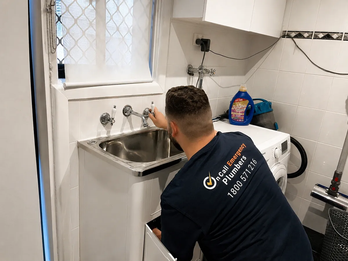 Plumber assessing indoor plumbing