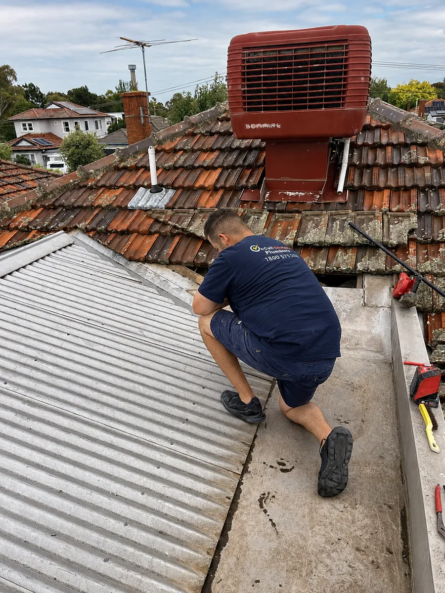Plumber inspecting a tiled roof for a leak